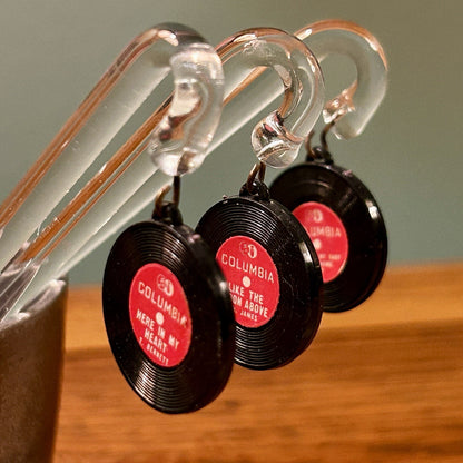 Columbia Glass Swizzle Sticks Set of 3 Record Shape Music Clear Black Red