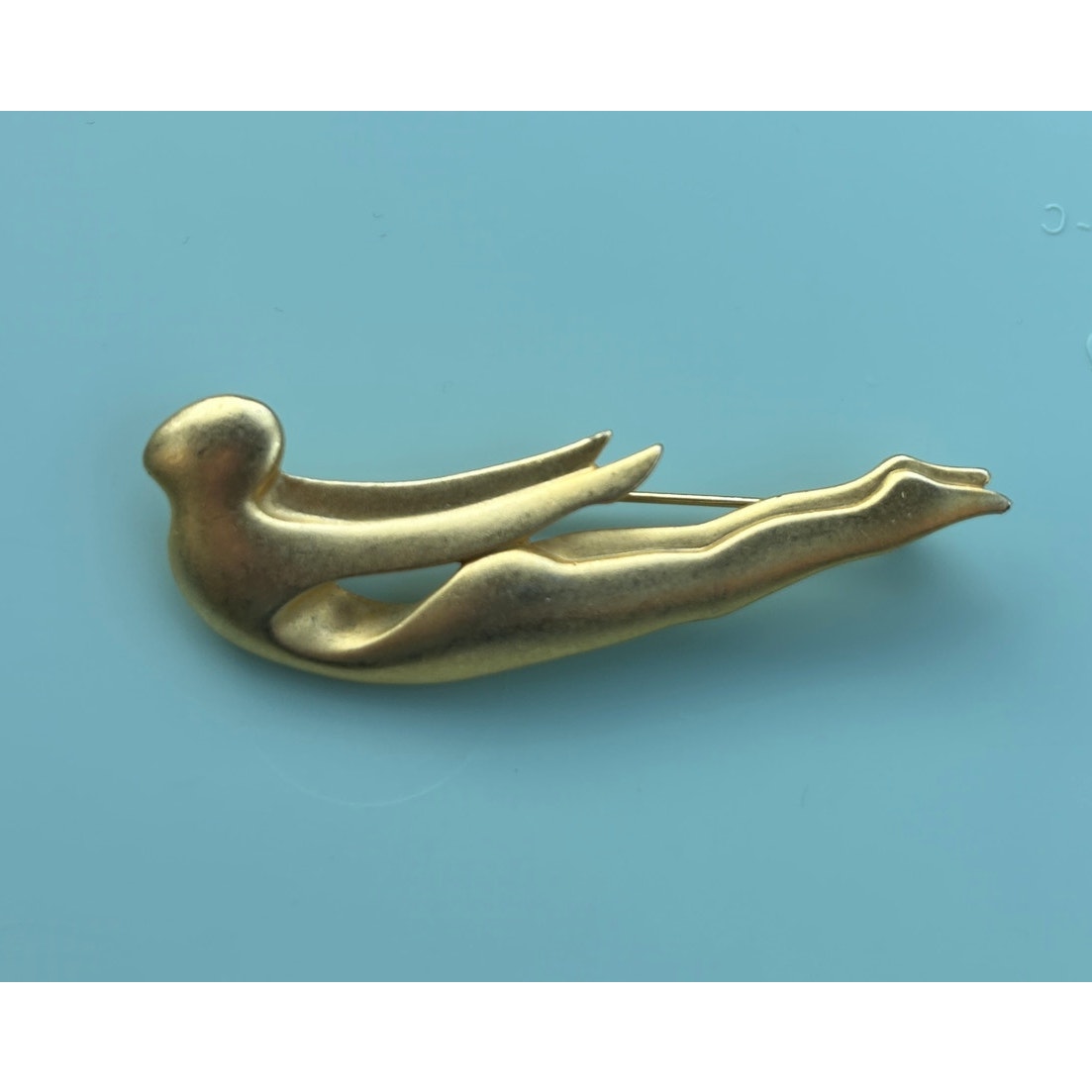 Vintage Signed AJC Matte Gold Tone Swimmer Brooch | Stylized Diving Woman Pin | Mid-Century Modern