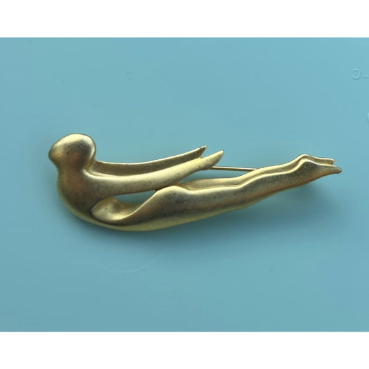 Vintage Signed AJC Matte Gold Tone Swimmer Brooch | Stylized Diving Woman Pin | Mid-Century Modern