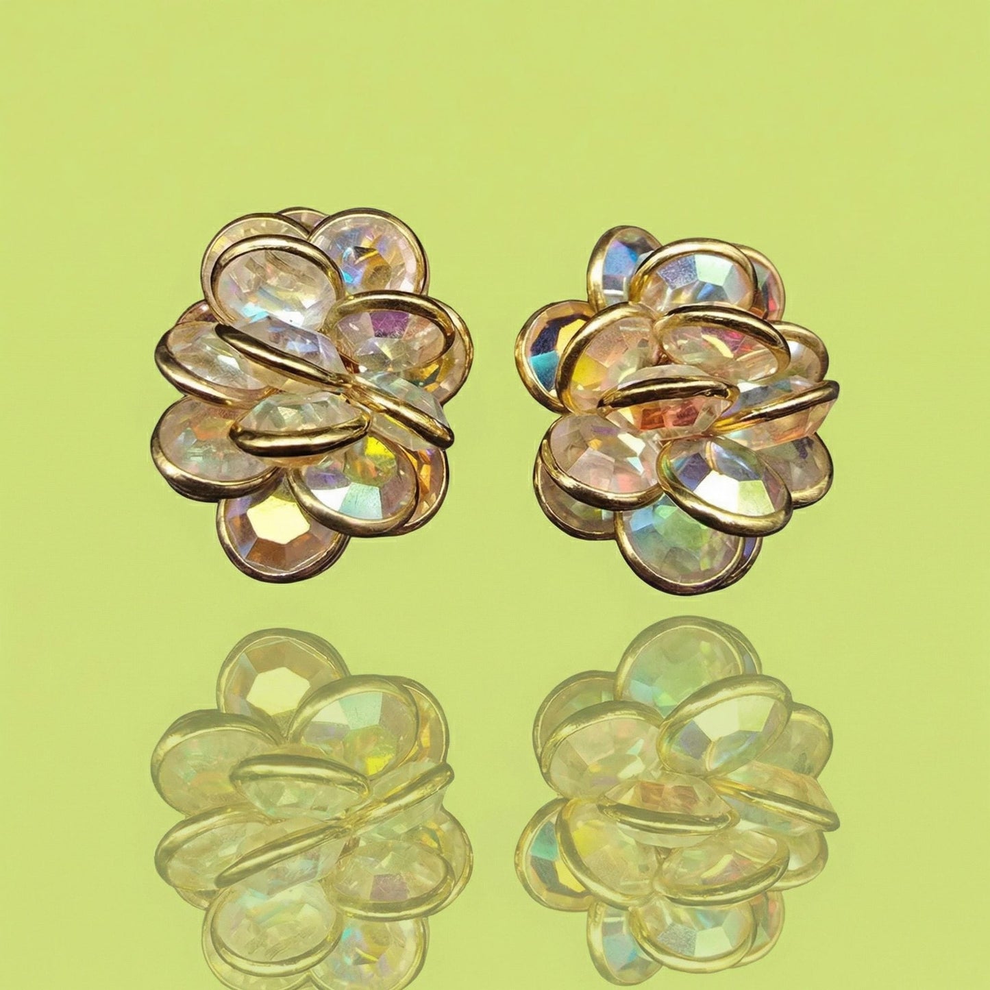 Vintage Swarovski Aurora Borealis Beaded Clip On Earrings, Signed with Swan
