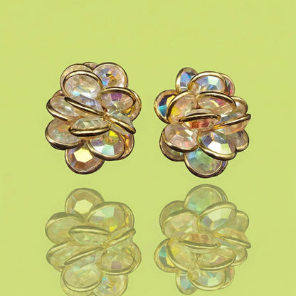 Vintage Swarovski Aurora Borealis Beaded Clip On Earrings, Signed with Swan