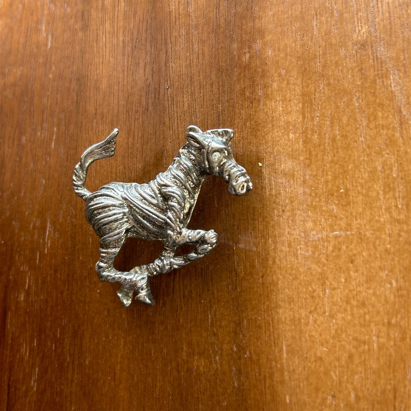 Vintage Running Zebra Brooch | Silver Tone Textured Animal Pin | Rhinestone Eye