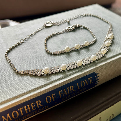 Imitation Pearl & Rhinestone Jewelry Set Necklace Bracelet Silver White