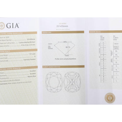 GIA Certified 1.01 CT Internally Flawless Cushion Cut Diamond Solitaire Ring in 18K Yellow Gold