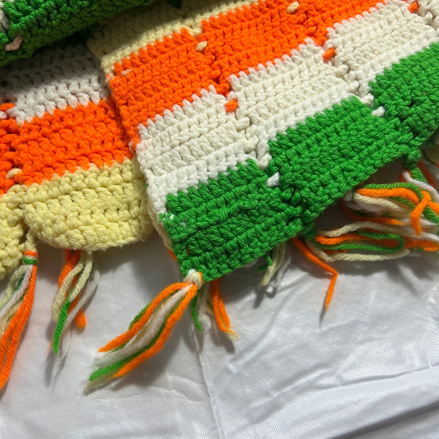 Vintage Handmade Crocheted Afgan Blanket, Orange, Green, Yellow and White, 40 x 66