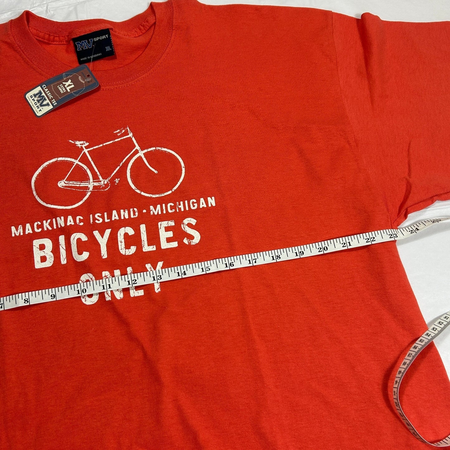 NWT XL Gildan Macinac Island Michigan Bicycles Only T-Shirt Coral Pink Orange