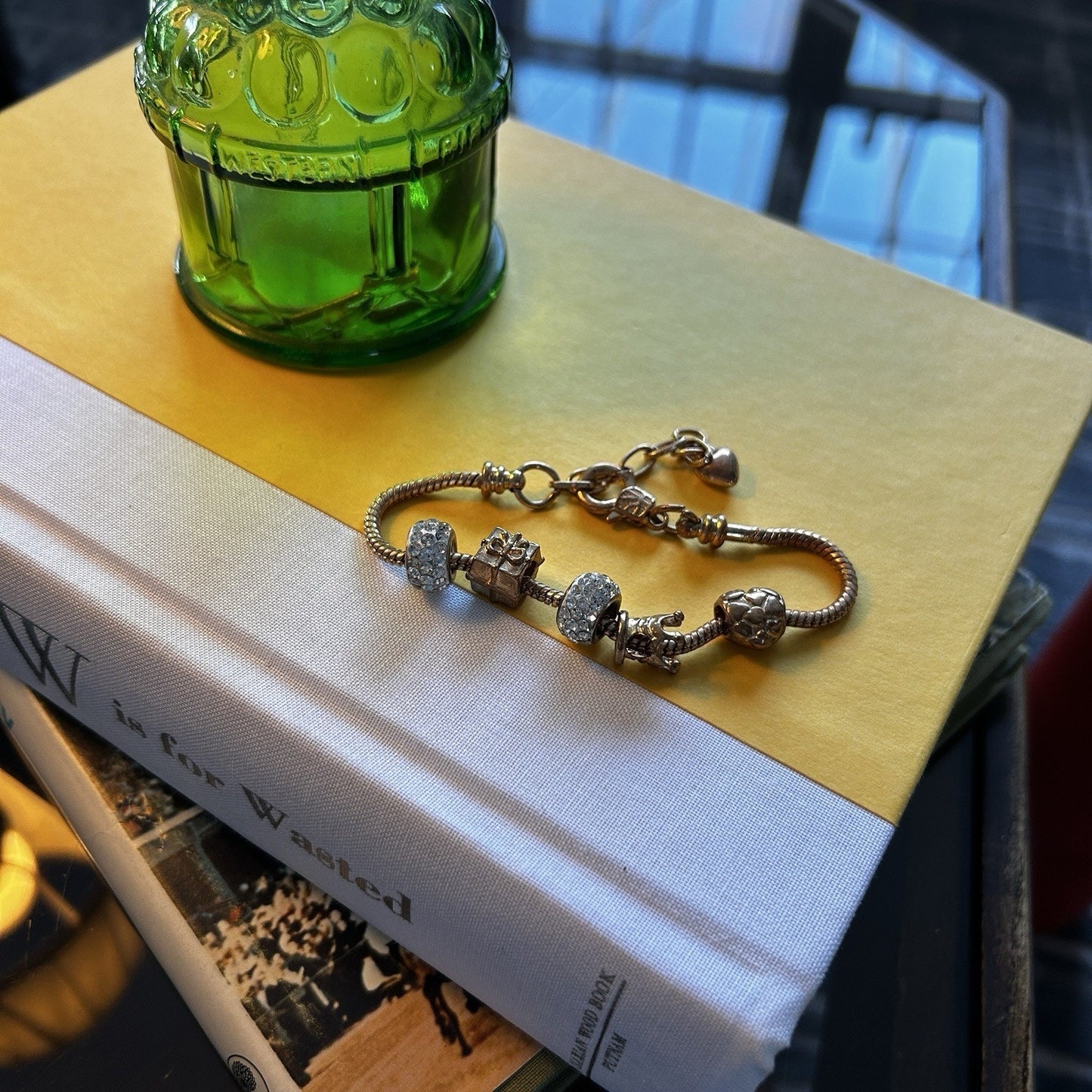 Gold Tone Adjustable Snake Chain Charm Bracelet with Crystal Bead Accents