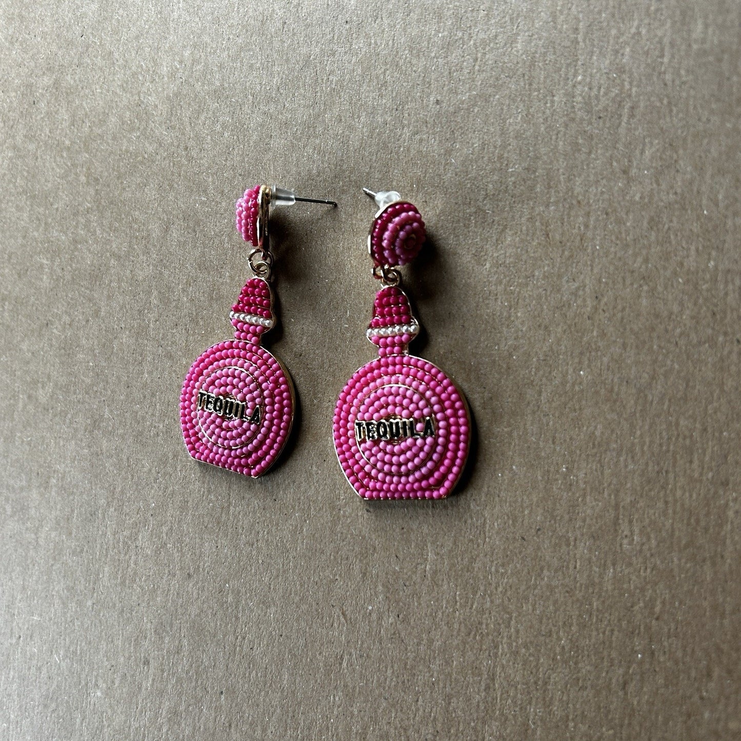 Handcrafted Pink Beaded Tequila Bottle Dangle Earrings Gold Tone Party Theme