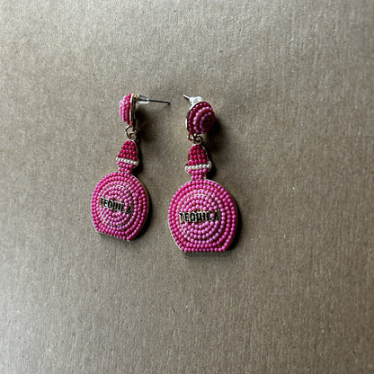 Handcrafted Pink Beaded Tequila Bottle Dangle Earrings Gold Tone Party Theme