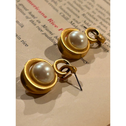 Gold and Faux Pearl Drop Earrings, Pierced, Vintage