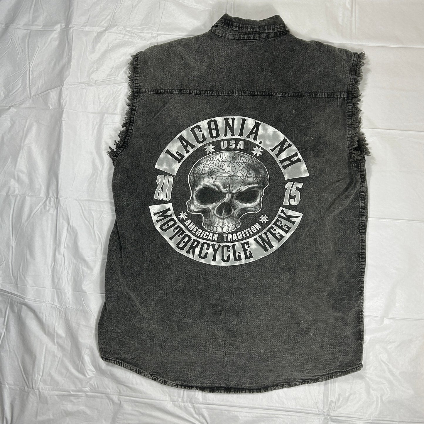 Vintage 2015 Laconia NH Motorcycle Week Cut Off Denim Shirt Men's XL Biker Vest