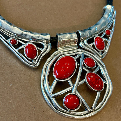Vintage Southwestern Bib Necklace Red Faux Stone Silver Tone