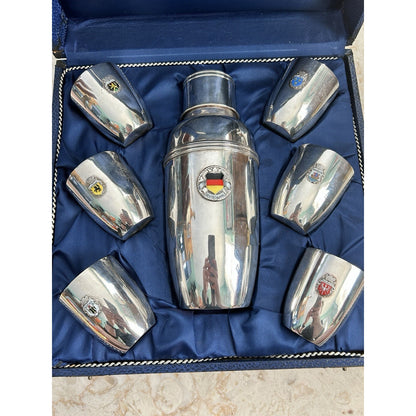 German City Crest Metal Bar Set Silver Cocktail Shaker & 6 Glasses Collectible