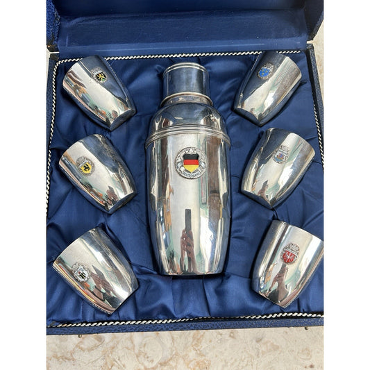 German City Crest Metal Bar Set Silver Cocktail Shaker & 6 Glasses Collectible
