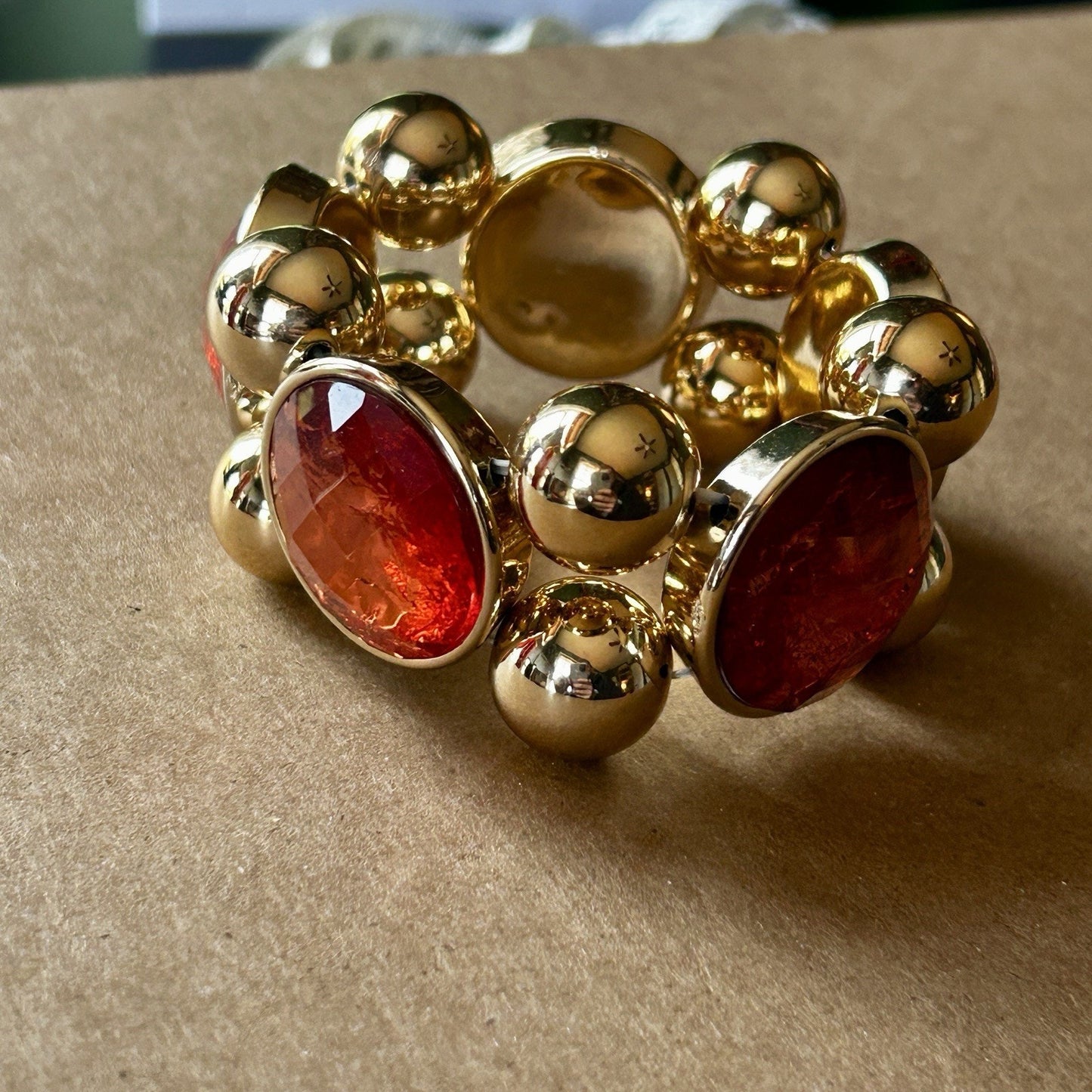 Gold Tone Red Glass Beaded Statement Stretch Bracelet with Oval Stones