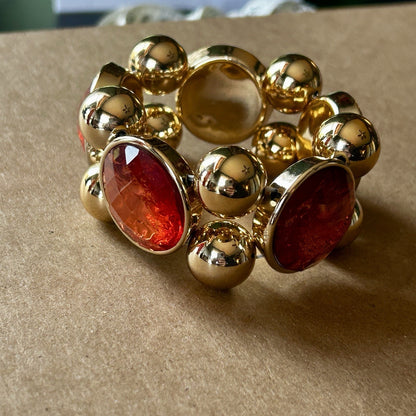 Gold Tone Red Glass Beaded Statement Stretch Bracelet with Oval Stones
