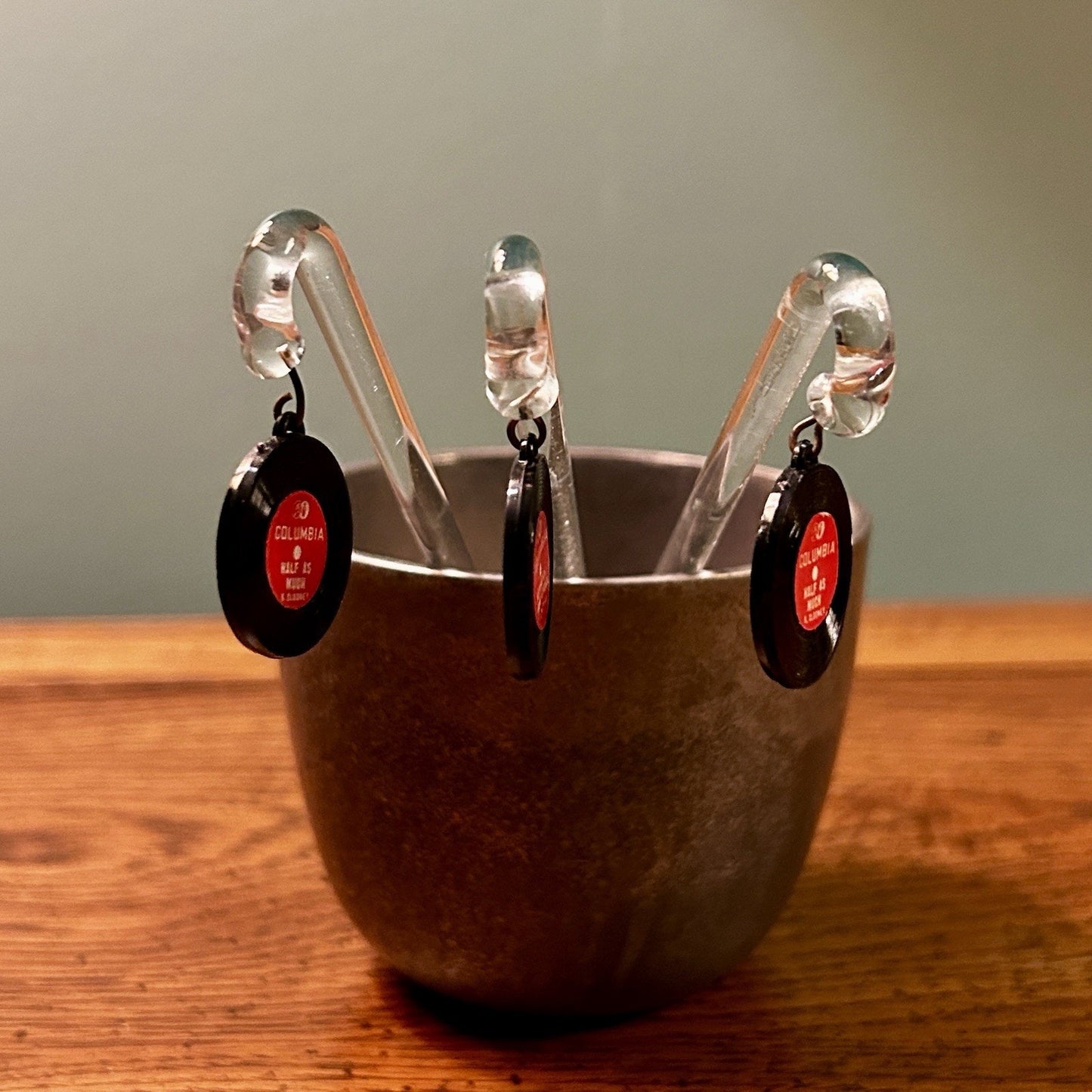 Columbia Glass Swizzle Sticks Set of 3 Record Shape Music Clear Black Red