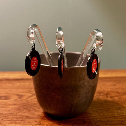 Columbia Glass Swizzle Sticks Set of 3 Record Shape Music Clear Black Red