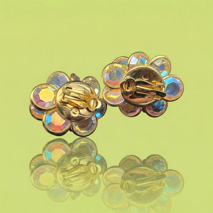 Vintage Swarovski Aurora Borealis Beaded Clip On Earrings, Signed with Swan