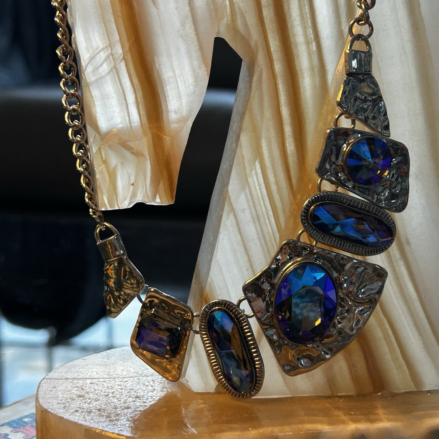 Statement Necklace Blue Glass Oval Stones Metal Bezel Asymmetrical Pendant Women