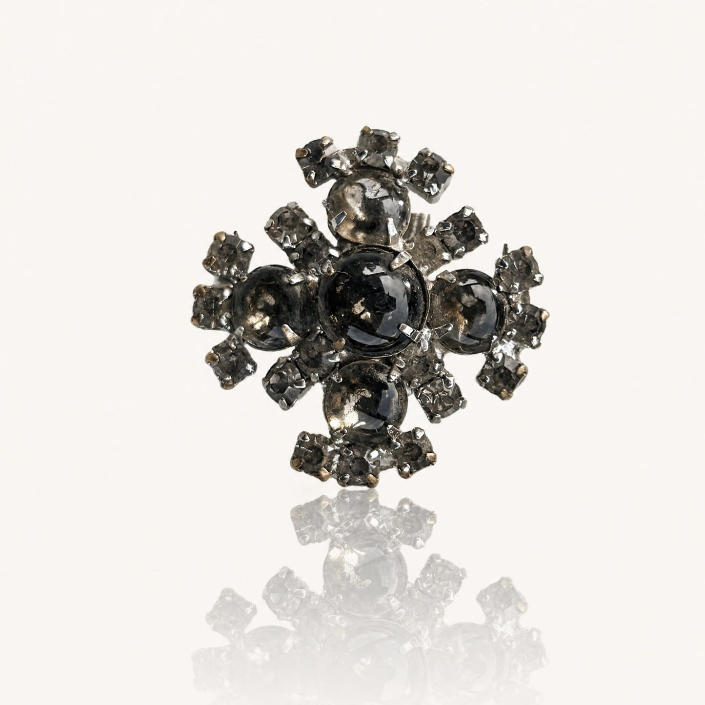 Vintage Smokey Quartz Style Rhinestone Brooch Silver Tone Statement Cluster Pin