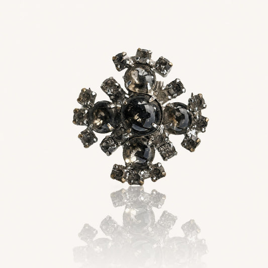 Vintage Smokey Quartz Style Rhinestone Brooch Silver Tone Statement Cluster Pin