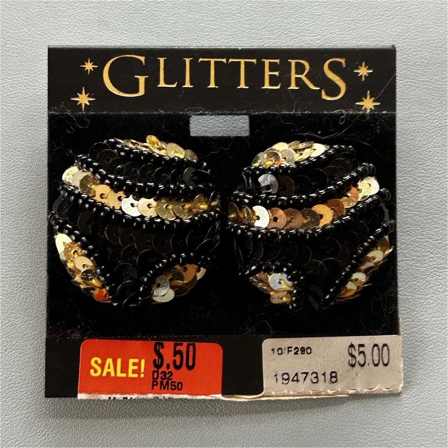 GLITTERS Black & Gold Round Beaded Earrings, Butterfly Closure, Pierced Lobes