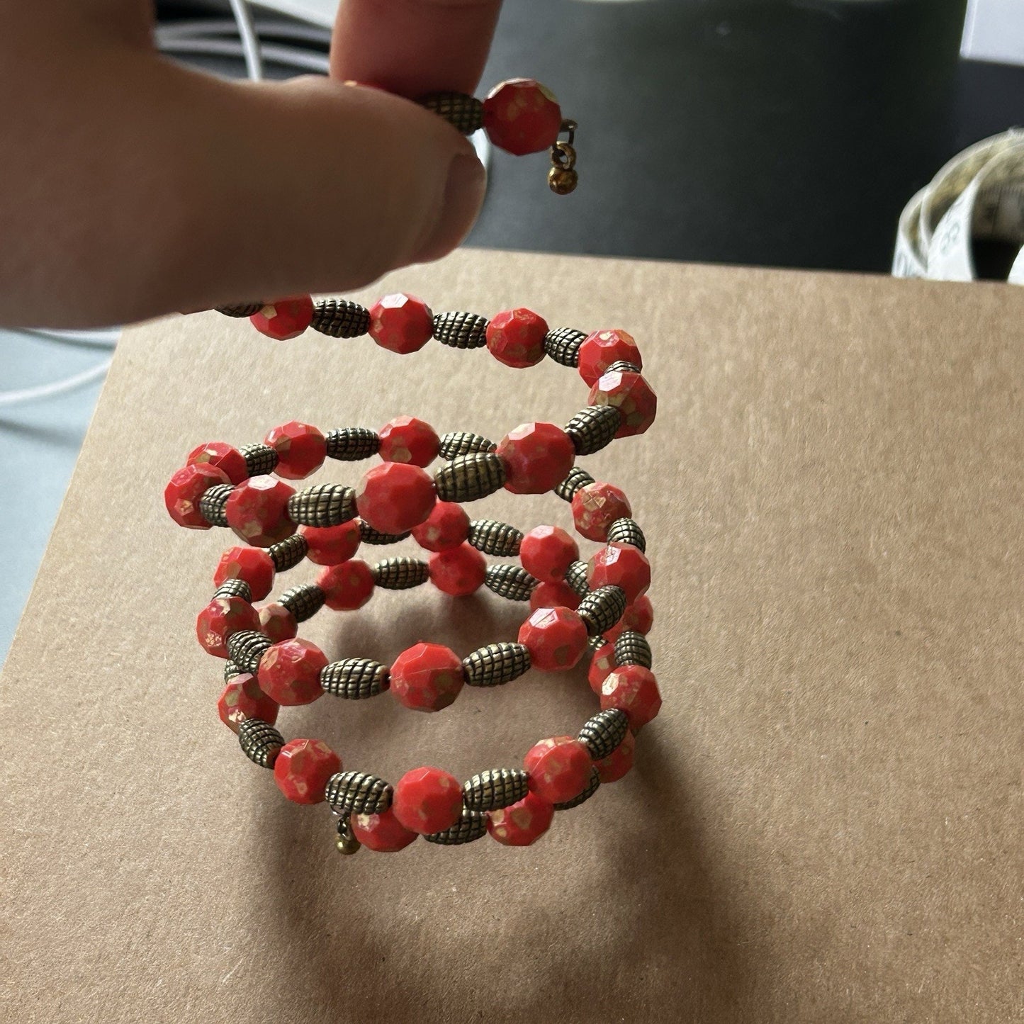 Red Beaded Wrap Bracelet Glass & Metal, Bronze Accents, Stackable, Bohemian