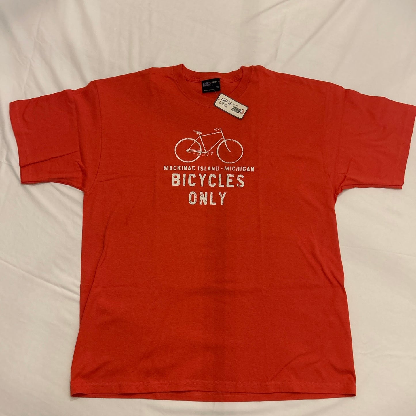 NWT XL Gildan Macinac Island Michigan Bicycles Only T-Shirt Coral Pink Orange