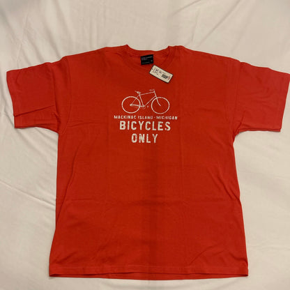 NWT XL Gildan Macinac Island Michigan Bicycles Only T-Shirt Coral Pink Orange