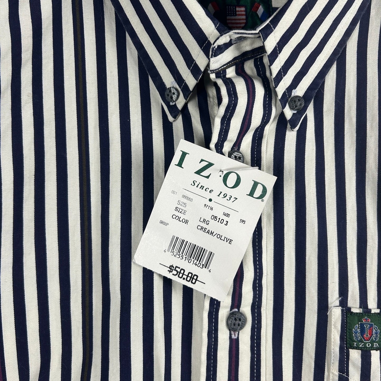 Vintage 90s IZOD Men's Button Down Shirt NWT Navy Cream Olive Stripe Size Large