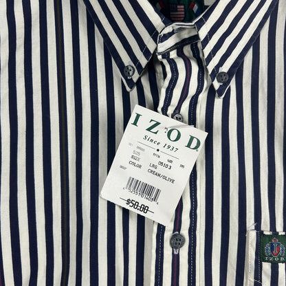 Vintage 90s IZOD Men's Button Down Shirt NWT Navy Cream Olive Stripe Size Large