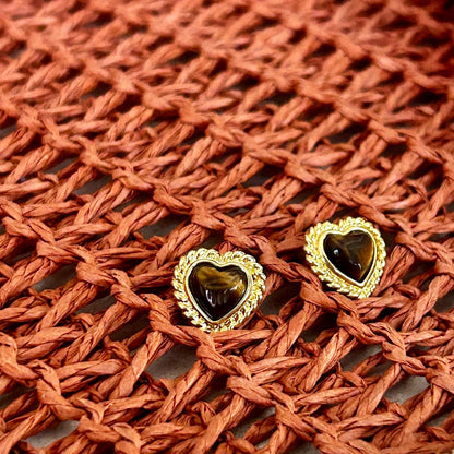 Heart-Shaped Tiger’s Eye Stud Earrings, for Pierced Ears, Gold-Tone Surround