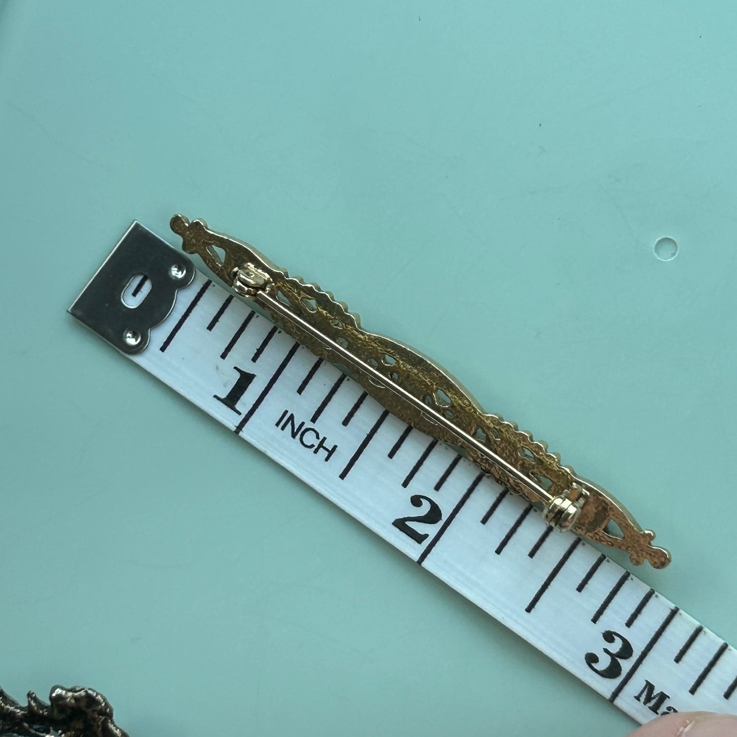Vintage Gold Tone Filigree Bar Brooch with Faux Pearl Accents Elegant Bar Pin