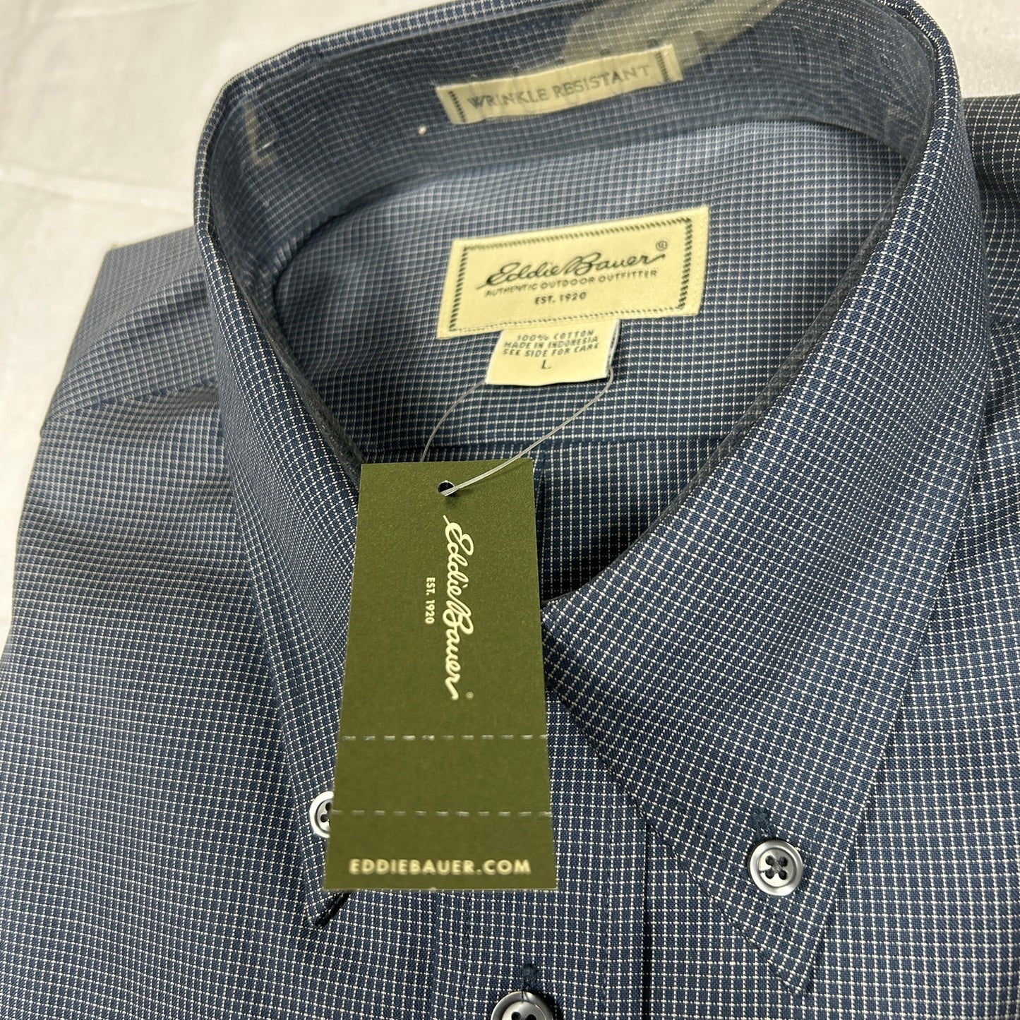 NWT Eddie Bauer Men’s Large Navy Micro-Check Wrinkle-Resistant Dress Shirt