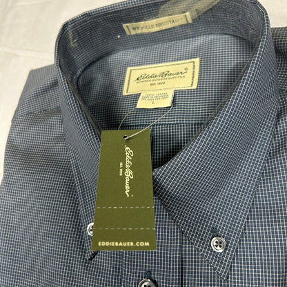 NWT Eddie Bauer Men’s Large Navy Micro-Check Wrinkle-Resistant Dress Shirt