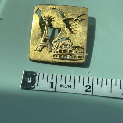 Vintage Gold-Tone World Travel Brooch | Cut-Out Silhouette Pin | Eiffel Tower