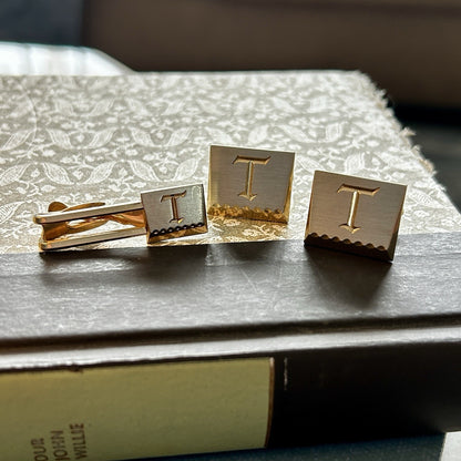 Gold Tone Men's Cufflinks and Tie Clip Set with 'T' Monogram, Metal, Customized