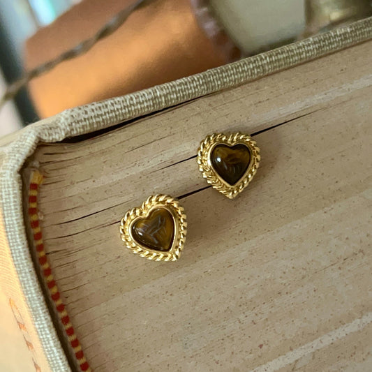 Heart-Shaped Tiger’s Eye Stud Earrings, for Pierced Ears, Gold-Tone Surround