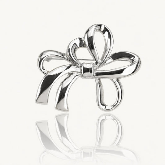 Vintage Silver Tone Ribbon Bow Brooch Polished Fluid Design Statement Pin