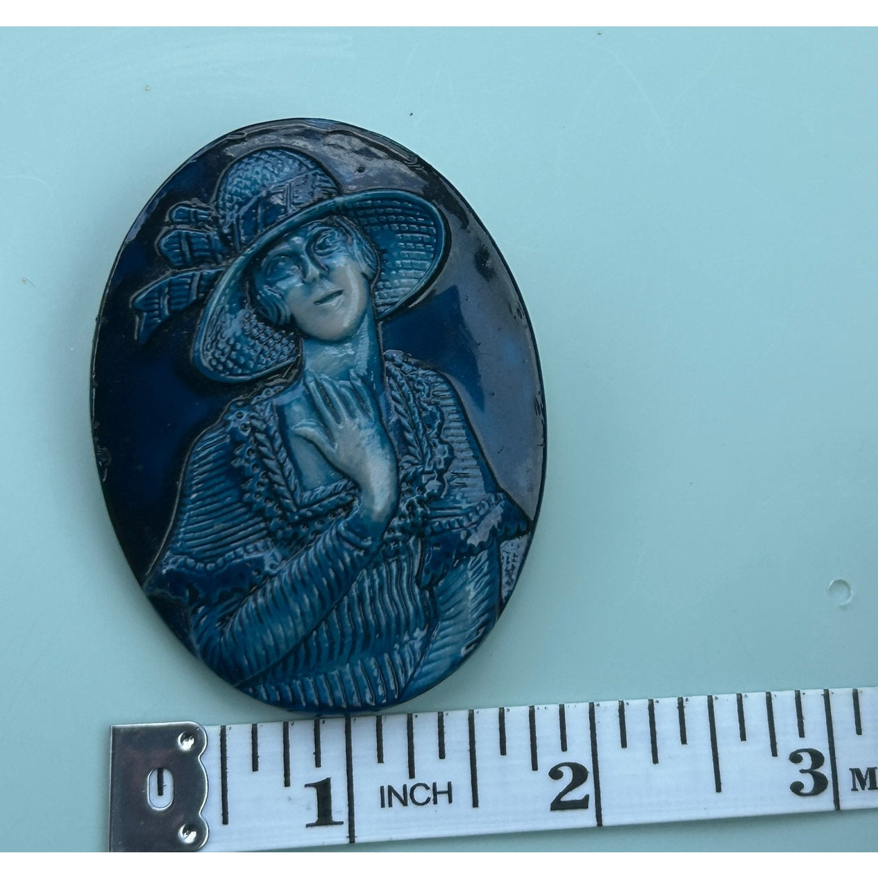 Vintage Art Deco Revival Blue Resin Cameo Brooch, Flapper Girl, Made in Israel
