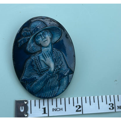 Vintage Art Deco Revival Blue Resin Cameo Brooch, Flapper Girl, Made in Israel