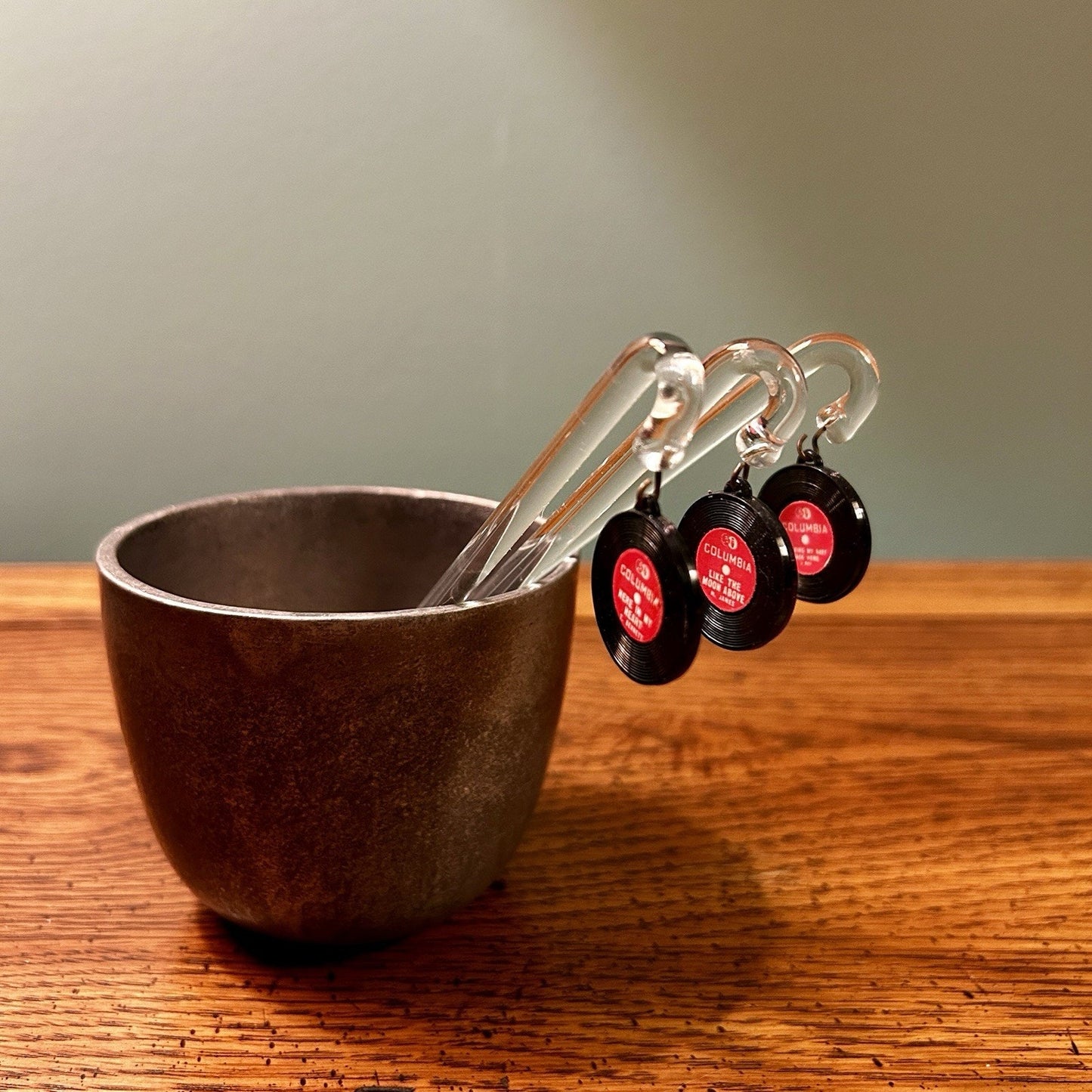 Columbia Glass Swizzle Sticks Set of 3 Record Shape Music Clear Black Red