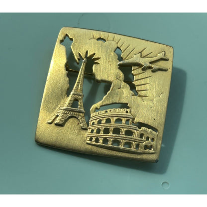 Vintage Gold-Tone World Travel Brooch | Cut-Out Silhouette Pin | Eiffel Tower