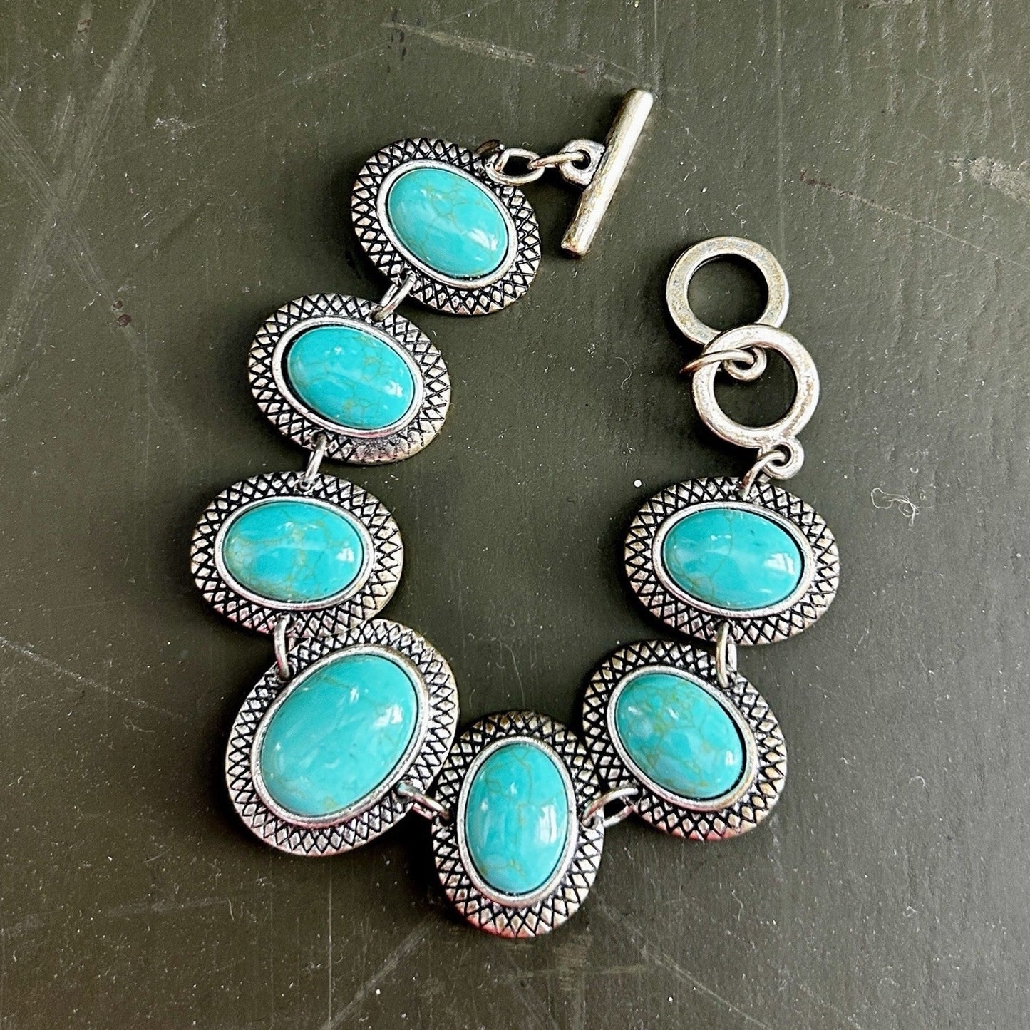 Silver Tone Adjustable Toggle Bracelet with Turquoise Oval Beads