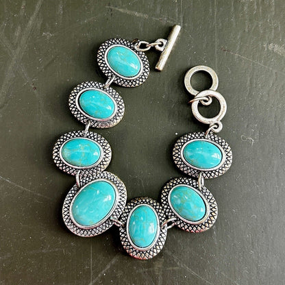 Silver Tone Adjustable Toggle Bracelet with Turquoise Oval Beads