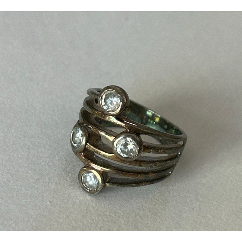 Silver-Tone Multi-Band Ring 4 Clear Stone Accents Size 6.5/7