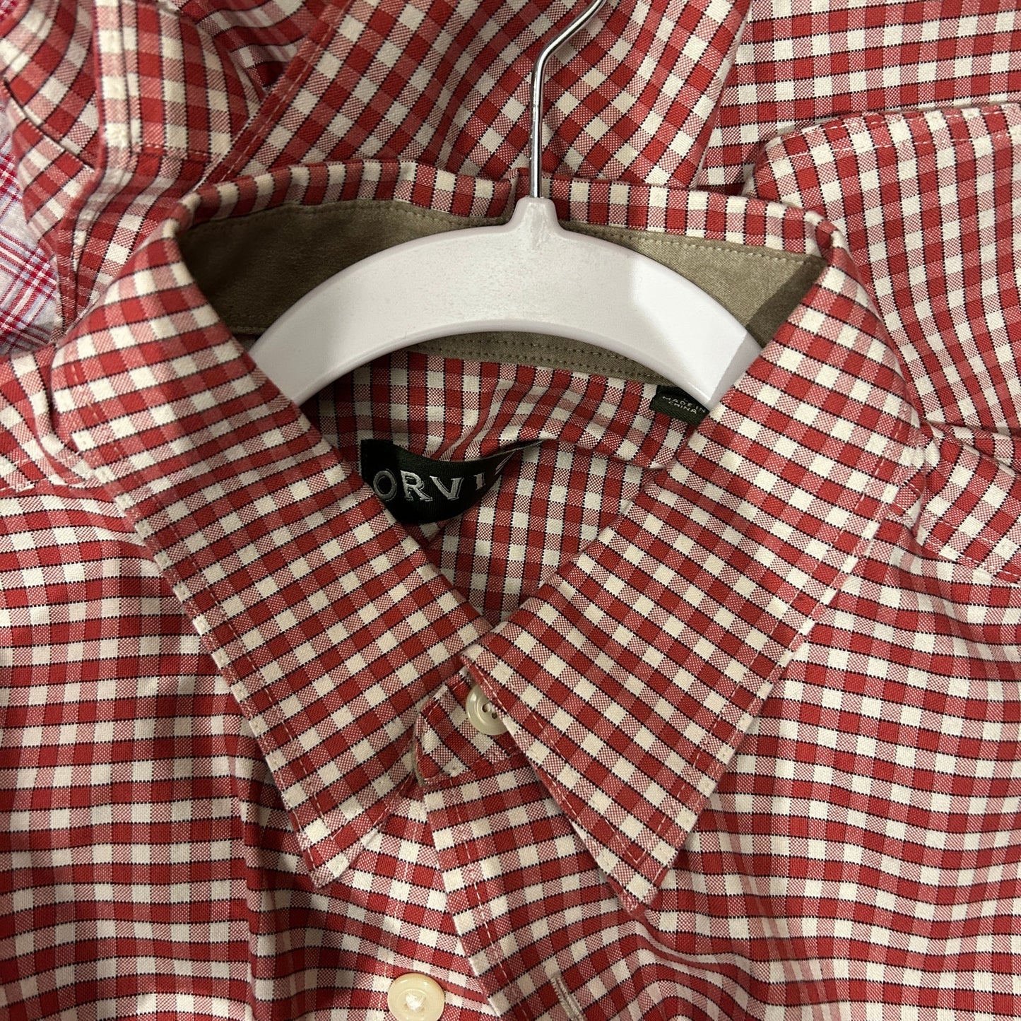 Orvis Men's Large Red & White Gingham Check Button Down Long Sleeve Shirt