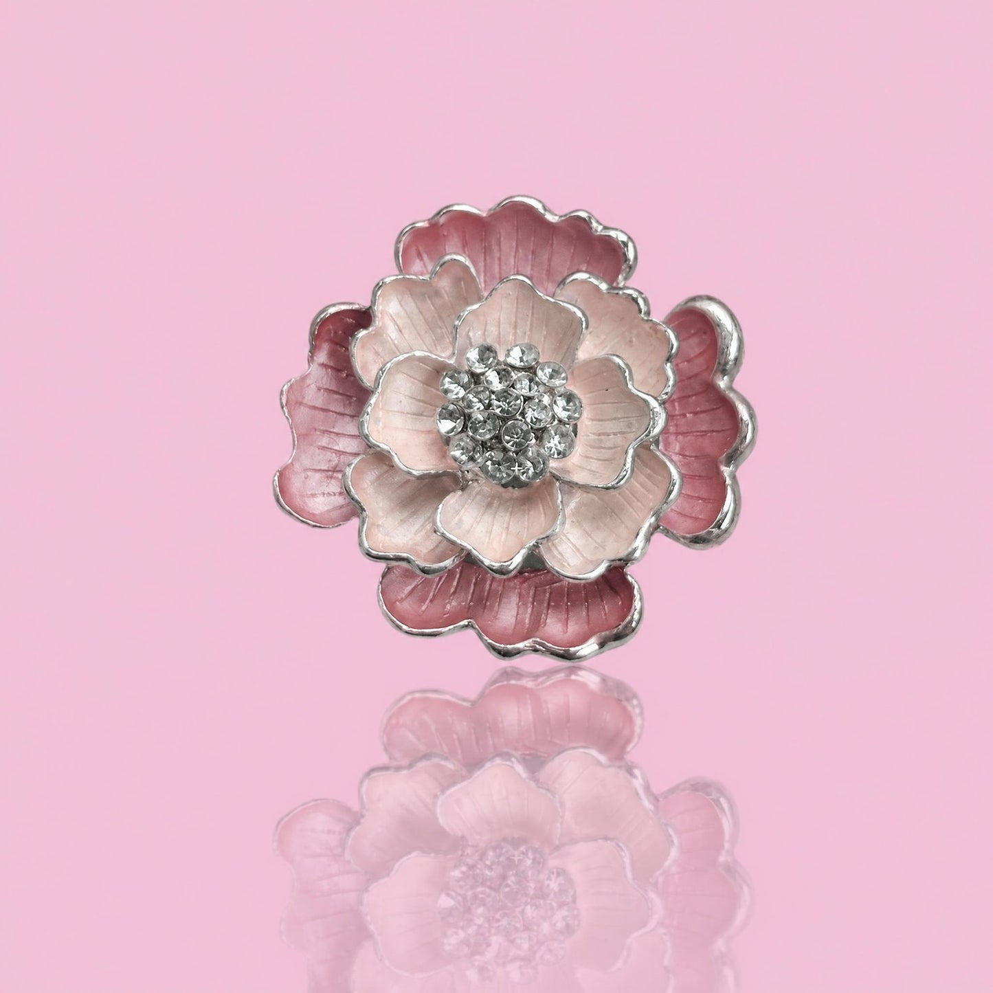 Vintage Silver Tone Pink Ombre Enamel Flower Brooch with Rhinestone Center