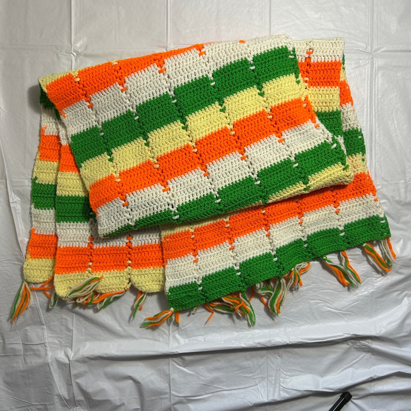 Vintage Handmade Crocheted Afgan Blanket, Orange, Green, Yellow and White, 40 x 66